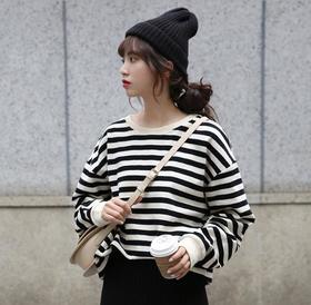 【服饰鞋包】秋季新款韩版宽松慵懒风chic圆领条纹休闲卫衣百搭上衣学生女