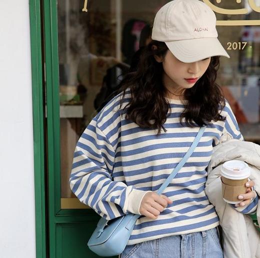 【服饰鞋包】秋季新款韩版宽松慵懒风chic圆领条纹休闲卫衣百搭上衣学生女 商品图2