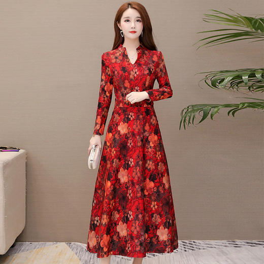 YWE-LFDS-YY01新款韩版长袖过膝气质修身显瘦中长款印花连衣裙TZW 商品图0