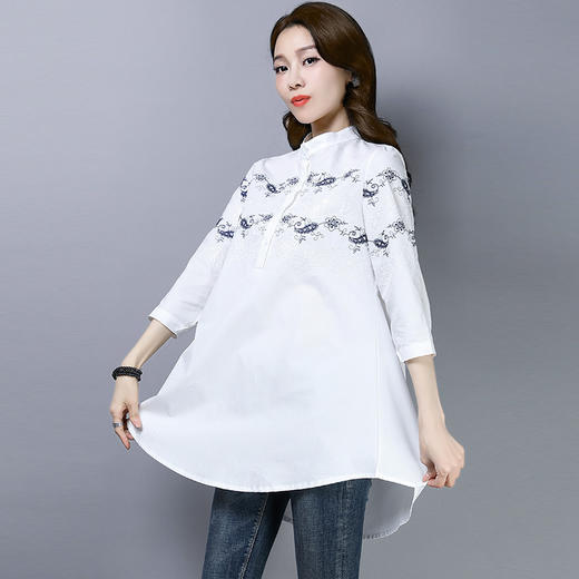 F-FI5009新款大码棉绣花中长款休闲遮肉衬衫TZW 商品图1