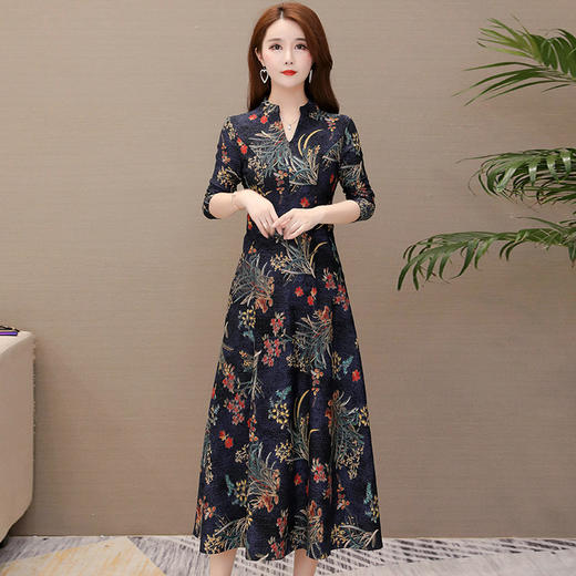 YWE-LFDS-YY01新款韩版长袖过膝气质修身显瘦中长款印花连衣裙TZW 商品图3