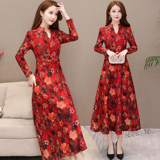 YWE-LFDS-YY01新款韩版长袖过膝气质修身显瘦中长款印花连衣裙TZW 商品图1