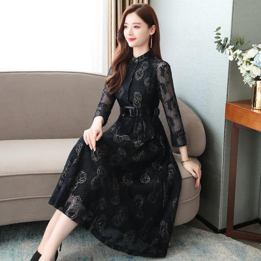 AHM  ydy8887立领长袖中长款显瘦收腰复古蕾丝连衣裙【优】 商品图4