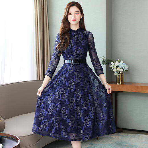 AHM  ydy8887立领长袖中长款显瘦收腰复古蕾丝连衣裙【优】 商品图5