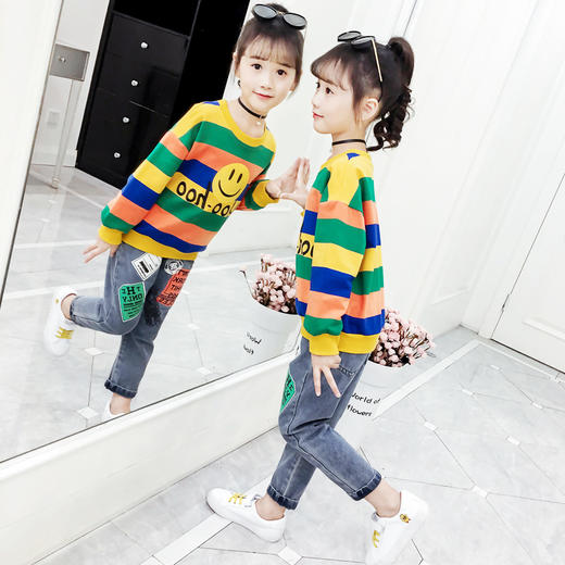 DK-T2019256新款韩版儿童洋气中大童时髦卫衣牛仔两件套TZW 商品图2
