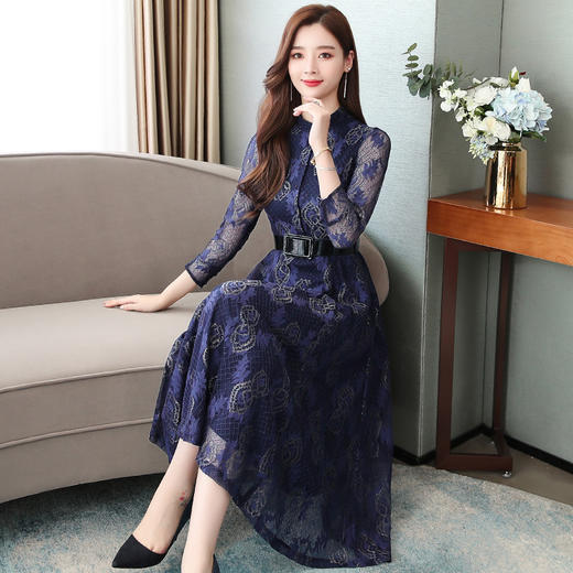 AHM  ydy8887立领长袖中长款显瘦收腰复古蕾丝连衣裙【优】 商品图3