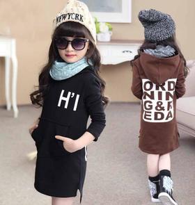 【童装】儿童装大女童长袖上衣中大童中长款加绒连帽卫衣秋冬装套