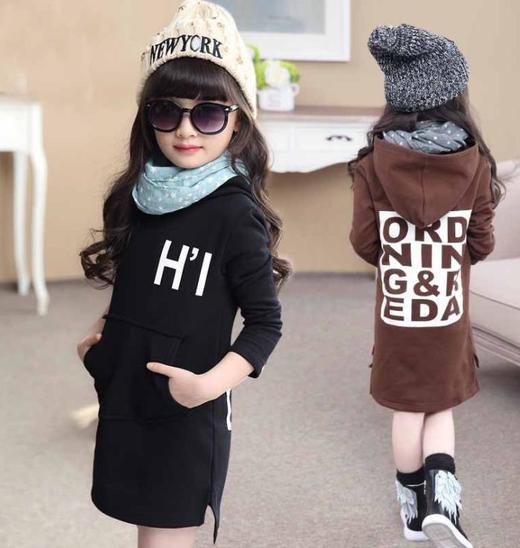 【童装】儿童装大女童长袖上衣中大童中长款加绒连帽卫衣秋冬装套 商品图0