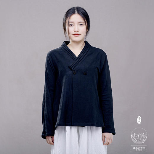 清水设计丨玄色自制改良汉服v领全棉唐装短装上衣禅茶服女