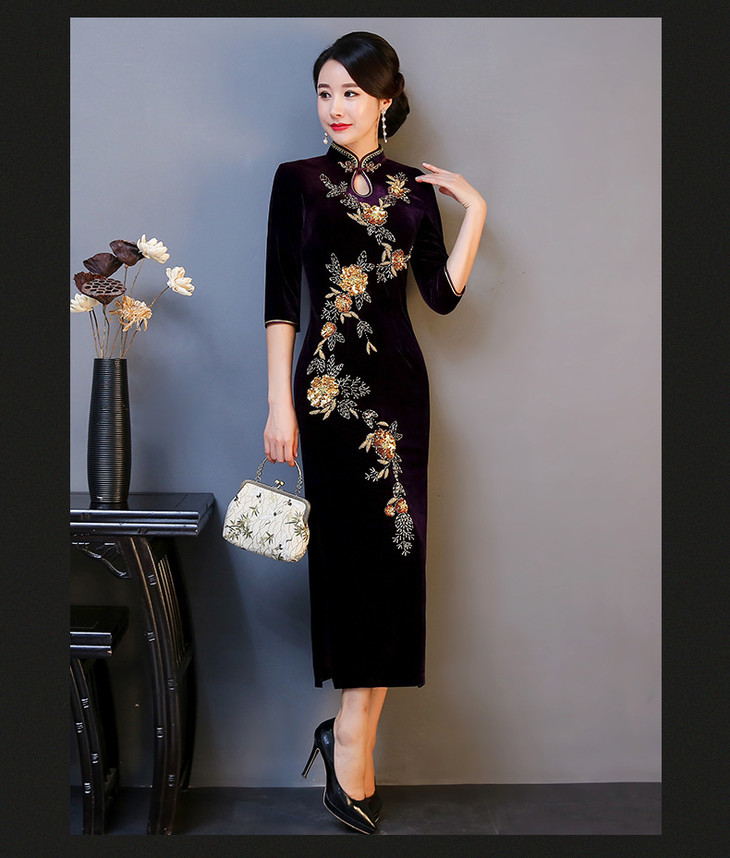 qq92512019秋季新款旗袍金丝绒亮片钉珠长款琵琶襟单层七分袖旗袍裙