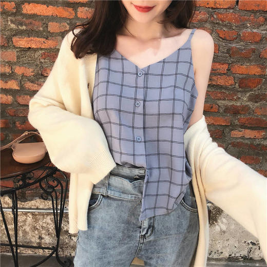 港味复古chic格子小吊带女心机内搭雪纺背心宽松外穿打底衫上衣夏七夕情人节 商品图3