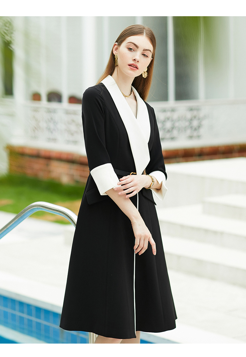 iwy时尚经典收腰a裙黑白撞色不对称连衣裙风衣式裙装职业装aq313