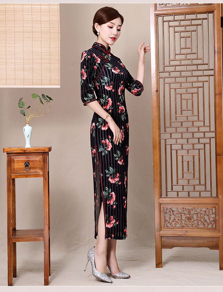 修身立领花朵丝绒旗袍bj180209