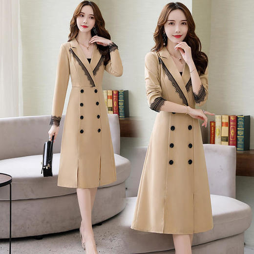 职业秋季新款韩版时尚气质ol通勤蕾丝拼接过膝风衣裙cqwj1986