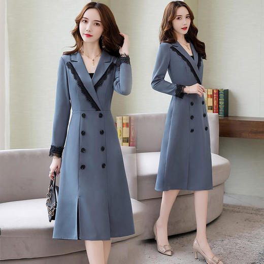 职业秋季新款韩版时尚气质ol通勤蕾丝拼接过膝风衣裙cqwj1986