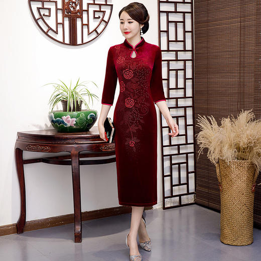 MLY-60579新款端庄大气纯色中长款改良旗袍连衣裙TZW 商品图1