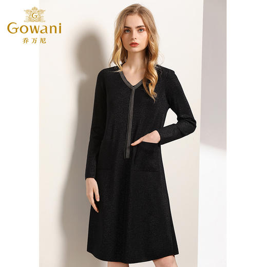 乔万尼秋装女长袖打底衫V领直筒显瘦羊毛针织连衣裙中长EN3M410 商品图1
