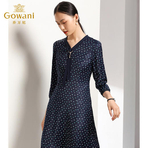乔万尼秋装女波点修身显瘦气质七分袖领带连衣裙中长款EN3E327 商品图1