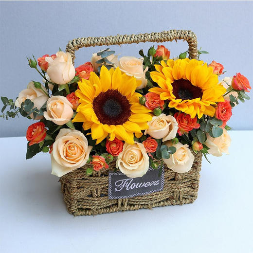 玫瑰向日葵精美混搭手提花篮-送女朋友老婆妈妈老师闺蜜生日教师节生日礼物精美时尚 商品图3