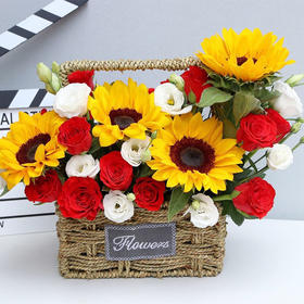 玫瑰向日葵精美混搭手提花篮-送女朋友老婆妈妈老师闺蜜生日教师节生日礼物精美时尚