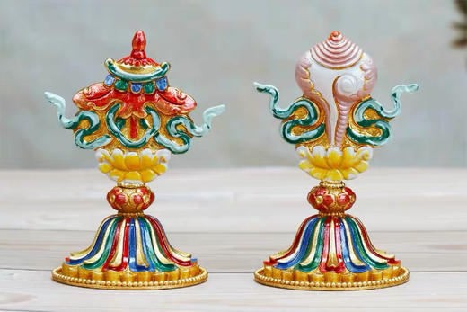 纯铜包邮 手工彩绘八吉祥摆件佛堂供品密宗法器吉祥八宝套装祈福礼佛用 商品图6