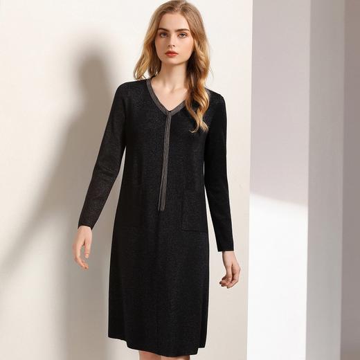 乔万尼秋装女长袖打底衫V领直筒显瘦羊毛针织连衣裙中长EN3M410 商品图2