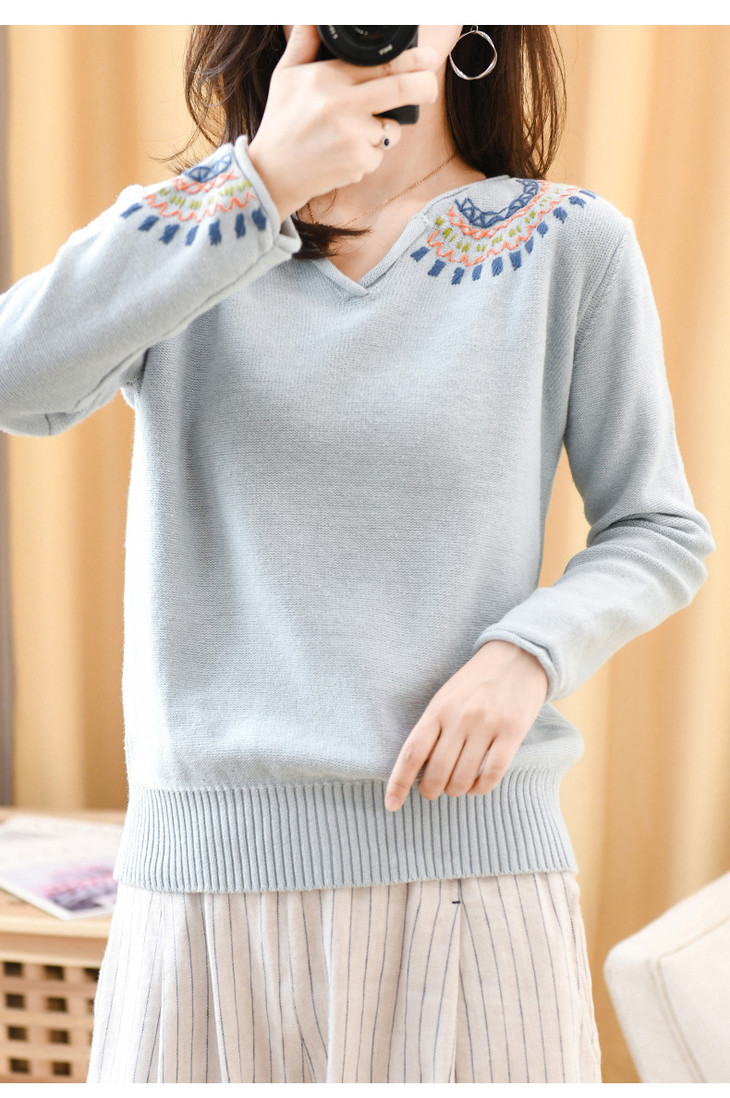 hzn843新款宽松v领棉麻针织衫