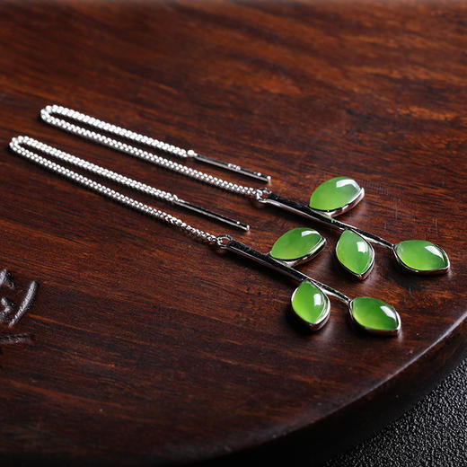 森系树叶，925纯银和田玉碧玉镶玉长款耳饰JX-8710283113 商品图2