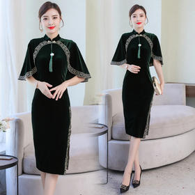 F-FS6680新款中国风刺绣修身长款丝绒改良旗袍连衣裙TZW