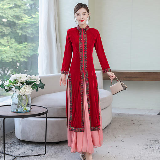 F-FS6677新款金丝绒酒红色气质开叉旗袍两件套连衣裙TZW 商品图4