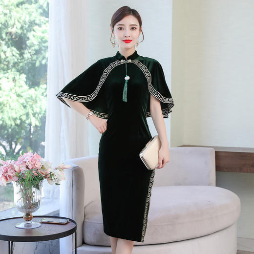 F-FS6680新款中国风刺绣修身长款丝绒改良旗袍连衣裙TZW 商品图3