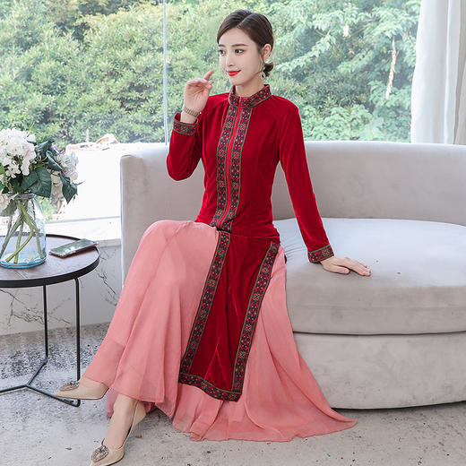 F-FS6677新款金丝绒酒红色气质开叉旗袍两件套连衣裙TZW 商品图3