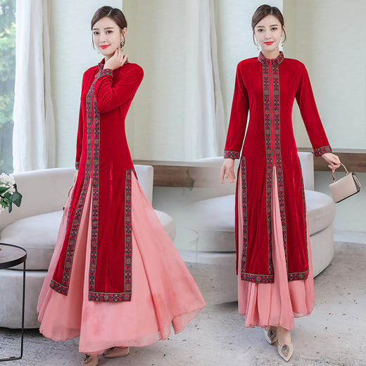 F-FS6677新款金丝绒酒红色气质开叉旗袍两件套连衣裙TZW 商品图0