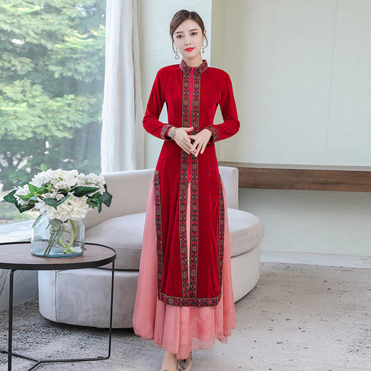 F-FS6677新款金丝绒酒红色气质开叉旗袍两件套连衣裙TZW 商品图2