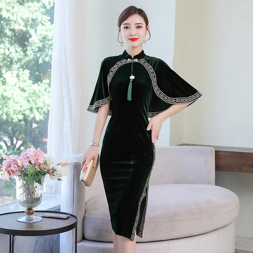 F-FS6680新款中国风刺绣修身长款丝绒改良旗袍连衣裙TZW 商品图1