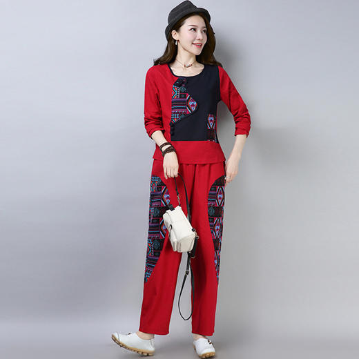 CYY-秋季长袖盘扣印花复古宽松阔腿裤两件套 商品图2