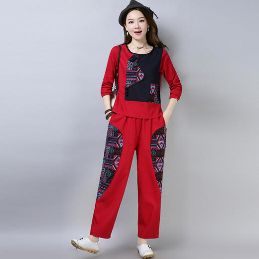 CYY-秋季长袖盘扣印花复古宽松阔腿裤两件套 商品图1