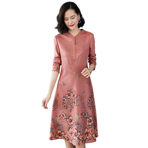 SMJR-8196296秋季新款印花长袖高贵麂皮绒过膝裙子 商品图4