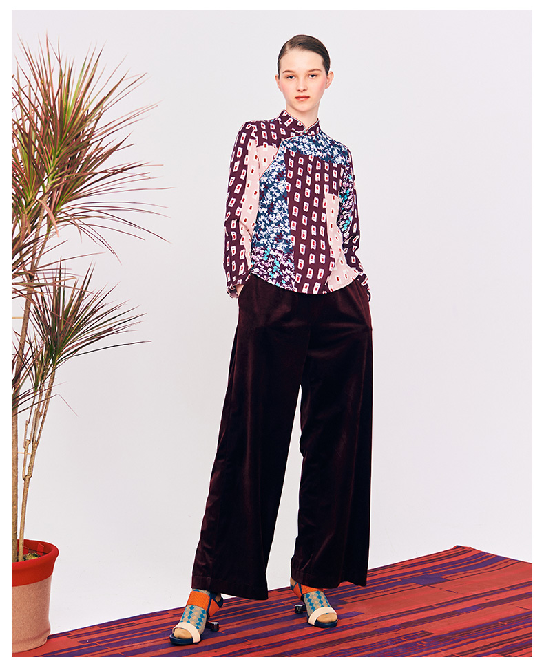 阿尤原创女装2019秋季新款花色撞色拼接复古旗袍上衣a193w21010