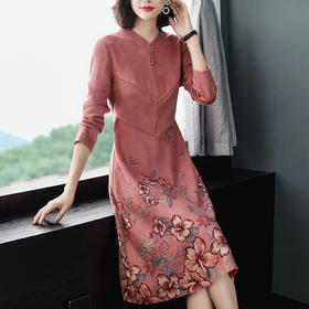 SMJR-8196296秋季新款印花长袖高贵麂皮绒过膝裙子