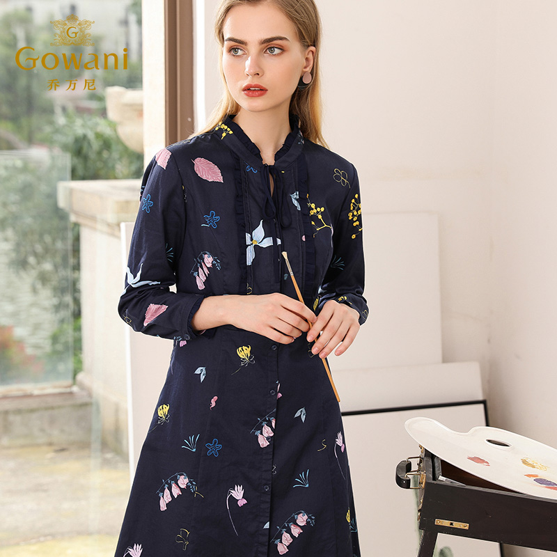 乔万尼秋装修身显瘦印花气质长袖连衣裙中长款春秋EN3E360