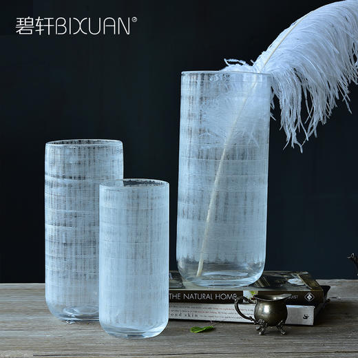 碧轩简约现代白色条纹直筒透明玻璃花瓶 客厅餐桌装饰品摆件 商品图3