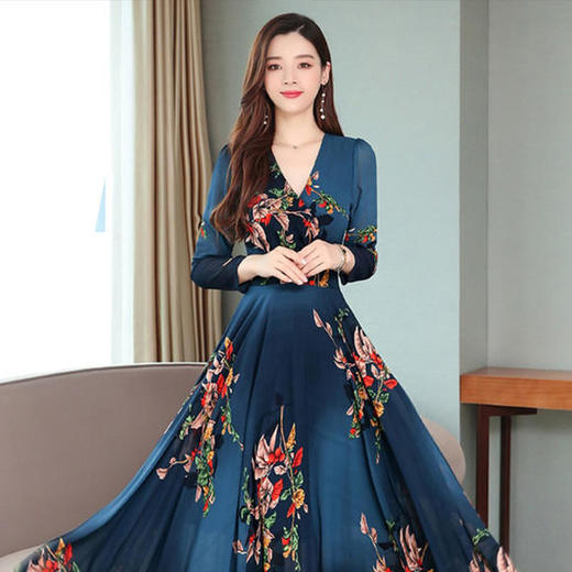 HT-726印花雪纺连衣裙碎花大摆时尚宽松中腰女士长连衣裙 商品图3