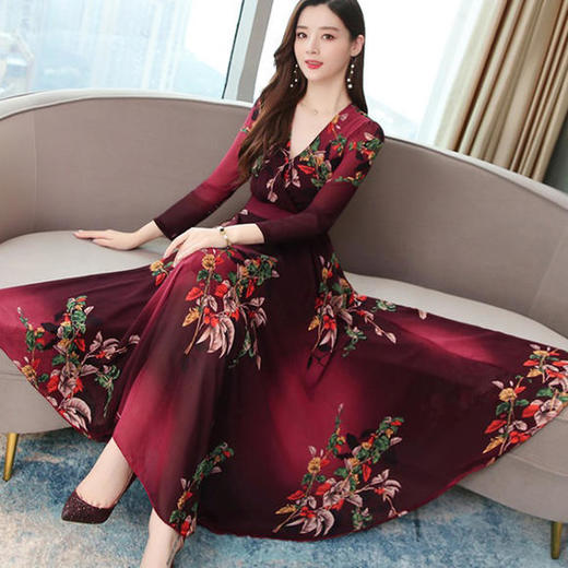 HT-726印花雪纺连衣裙碎花大摆时尚宽松中腰女士长连衣裙 商品图0