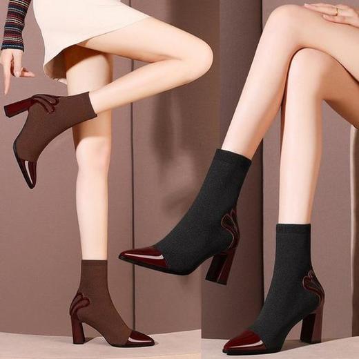 JW-913新款百搭真皮袜靴显瘦尖头中筒高跟弹力靴 商品图2