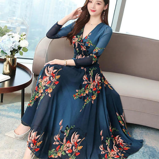 HT-726印花雪纺连衣裙碎花大摆时尚宽松中腰女士长连衣裙 商品图1