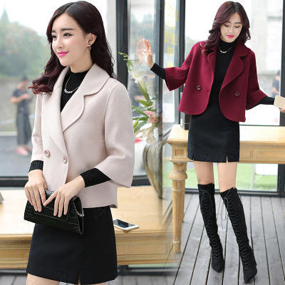 CQ  ZM3123  纯色简约翻领2019春季显瘦双排扣短款毛呢外套 商品图0