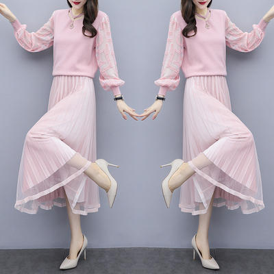 HT 17-9850 初秋新款女人味长袖连衣裙针织衫半身裙两件套 商品图4