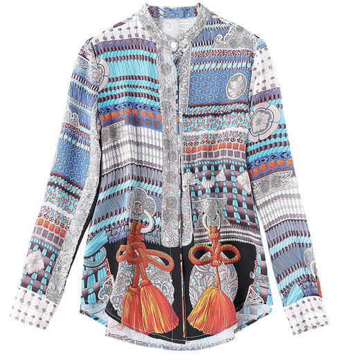 WLZD-1853604秋季新款欧美立领几何撞色真丝上衣舒适百搭上衣 商品图4