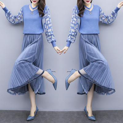 HT 17-9850 初秋新款女人味长袖连衣裙针织衫半身裙两件套 商品图2